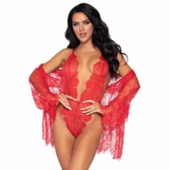 LEG AVENUE Floral Lace Body En Kimono - Rood-S