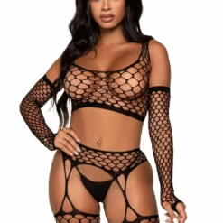 Leg Avenue Crop Top, Stockings & Gloves - Zwart