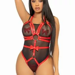 LEG AVENUE Studded O-ring Harness Teddy - S -Lingerie Setjes Verkoopwinkel leg avenue verstelbare vegan leren harnas rood 13