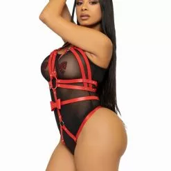 LEG AVENUE Studded O-ring Harness Teddy - S -Lingerie Setjes Verkoopwinkel leg avenue verstelbare vegan leren harnas rood 15
