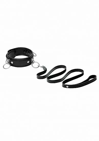 XR Brands Leren Halsband Met 3 Ringen En Riem - Zwart 1 XR Brands Leren Halsband Met 3 Ringen En Riem - Zwart