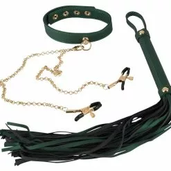 Bad Kitty Luxe Set Met Halsband Tepelklemmen En Flogger - Groen