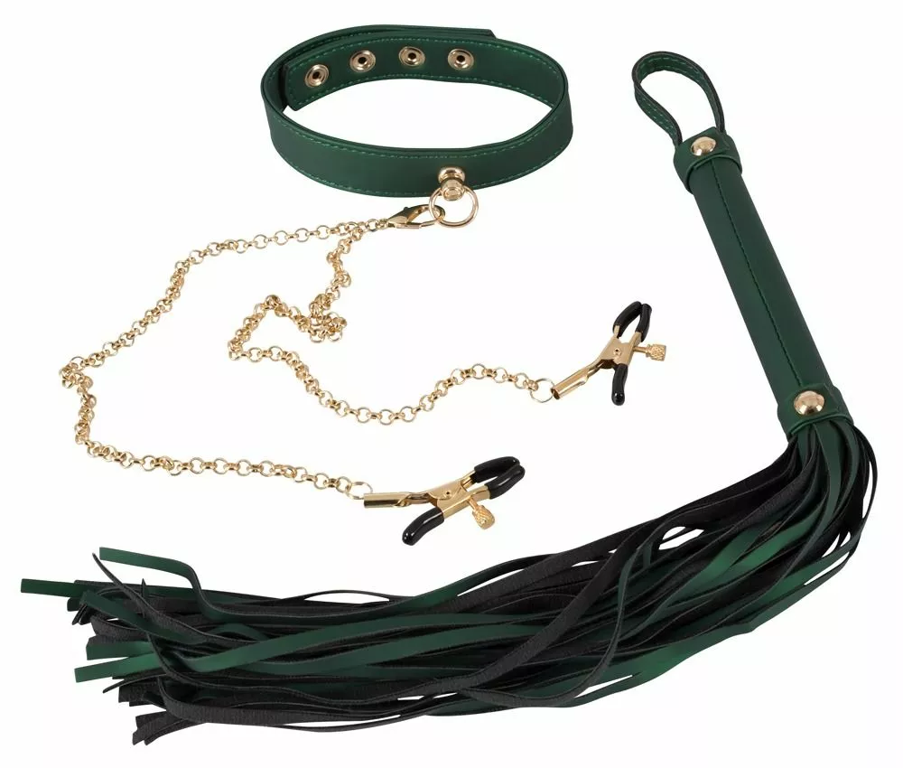 Bad Kitty Luxe Set Met Halsband Tepelklemmen En Flogger - Groen 1 Bad Kitty Luxe Set Met Halsband Tepelklemmen En Flogger - Groen