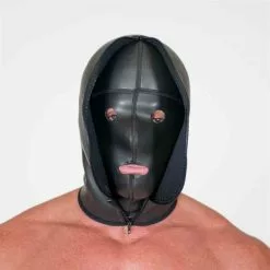 665 Leather Neoprene Confinement Hood L/XL - Zwart -Lingerie Setjes Verkoopwinkel neoprene confinement hood s m zwart open 1
