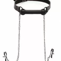 XR Brands Siliconen Bit Gag Met Tepelklemmen - Zwart