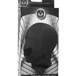 Master Series Zwart Rekbaar Masker Met Open Mond -Lingerie Setjes Verkoopwinkel zwart rekbaar masker met open mond verpakking